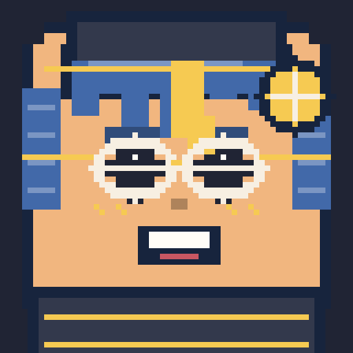 square face with crown bangs, undercut sides, star eyes, cadet jacket, and badge