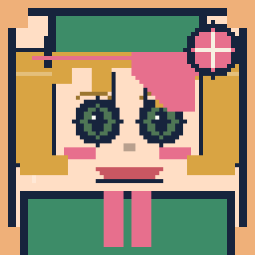 square face with feathered bangs, glossy eyes, sun hat, and rosette pin