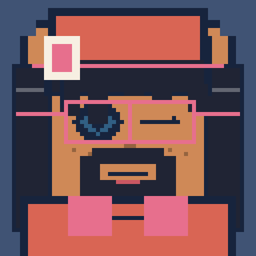 square face with crescent bangs, flat cap, beard, retro glasses, and pendant