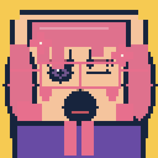 square face with zigzag bangs, twin tails, retro glasses, overalls, and star extras
