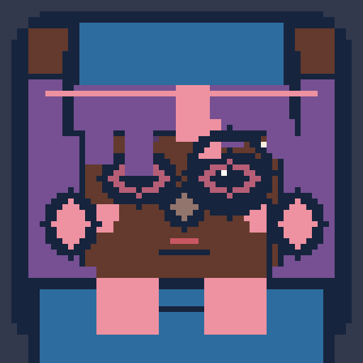 square face avatar with flat cap, monocle, and tilted eyes