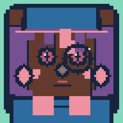 square face avatar with feathered bangs, sparkling eyes, and a beret