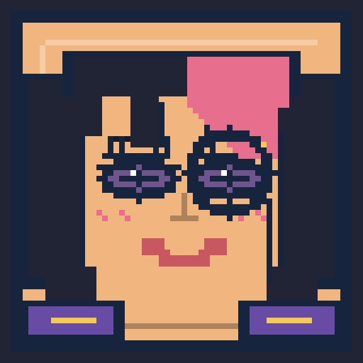 square face avatar with asymmetric bangs, monocle, and dark jacket