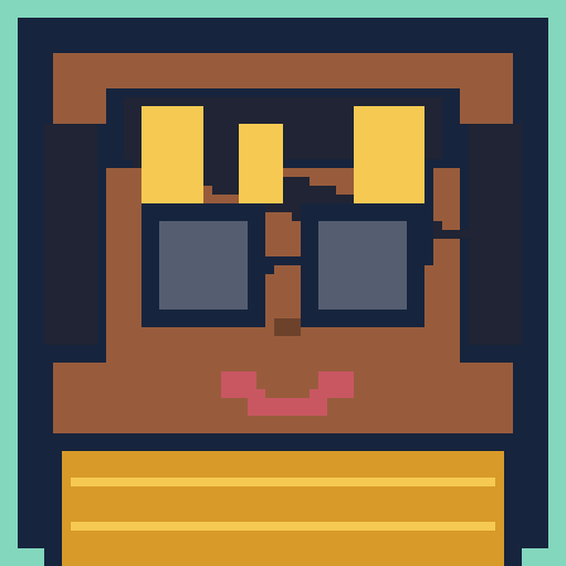 square face avatar with square glasses, striped shirt, and calm smile
