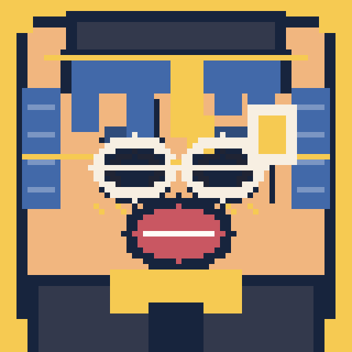 square face with asymmetric bangs, pixel eyes, headband, sport glasses, and name tag