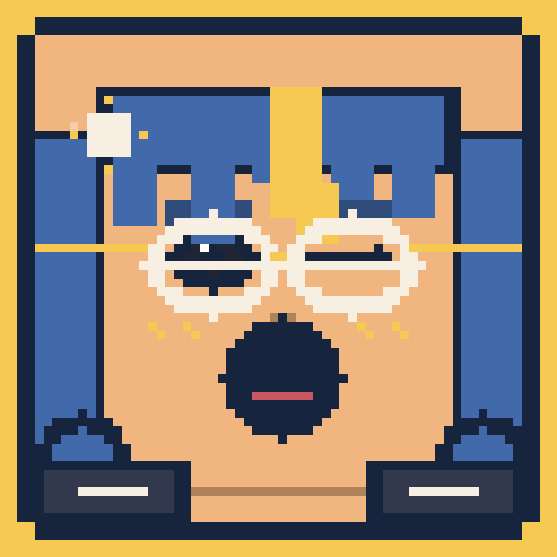 square face with layered bangs, surprised eyes, bubble glasses, jacket, and sparkle clip