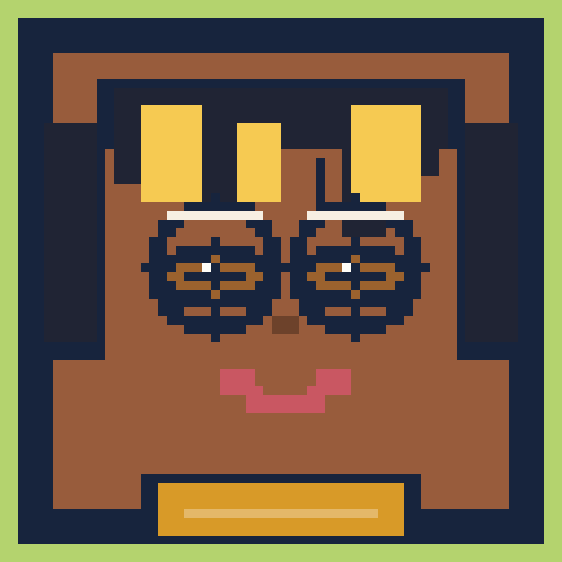 square face with feathered bangs, round glasses, and a turtleneck