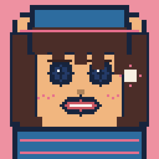square face with split bangs, sparkling eyes, confetti cheeks, and a pixel crown