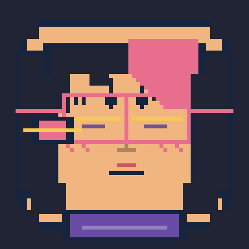 斜め前髪、眠そうな目、タートルネック、ブローラインメガネ