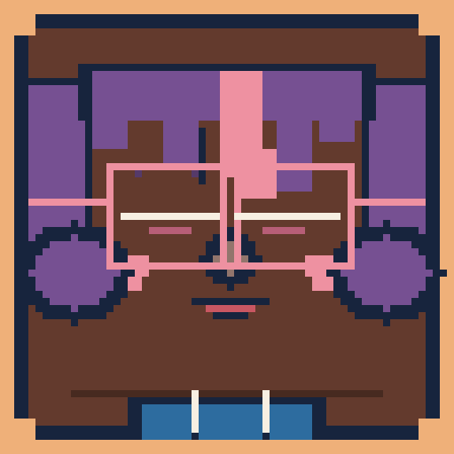 square face with feathered bangs, sleepy eyes, hoodie, and half-rim glasses