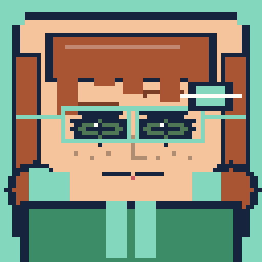 square face with scalloped bangs, overalls, screen glasses, and cheek plaster